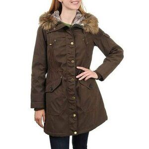 1 Madison Expedition Women's Faux Fur Hooded Parka Jacket Dark Olive Small